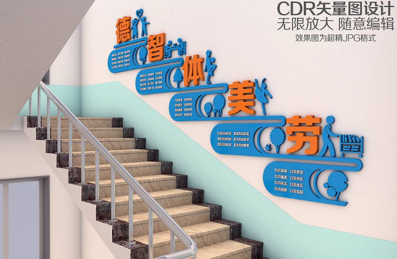 清新森林卡通学校照片楼梯文化墙